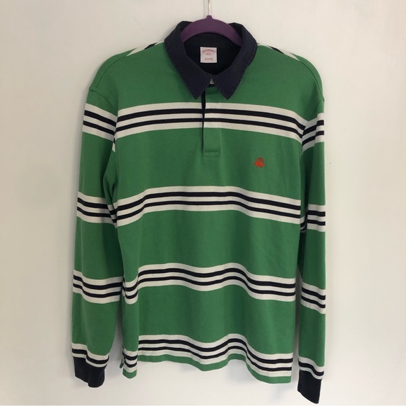 BROOKS BROTHERS 346 Men Green/White/Black Striped Long Sleeve Polo Sz L - Picture 1 of 11